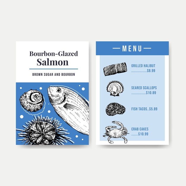 Vettore gratuito modello di menu grande con concept design di frutti di mare per illustrazione di ristorante e negozio di alimentari