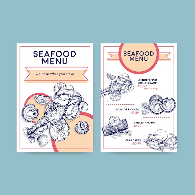 Modello di menu grande con concept design di frutti di mare per illustrazione di ristorante e negozio di alimentari