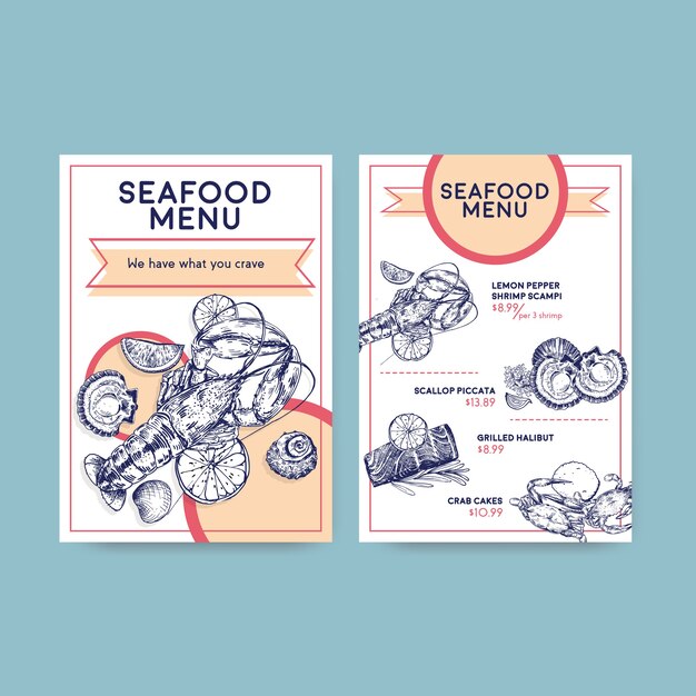 Big menu template with seafood concept design for restaurant and food shop  illustration
