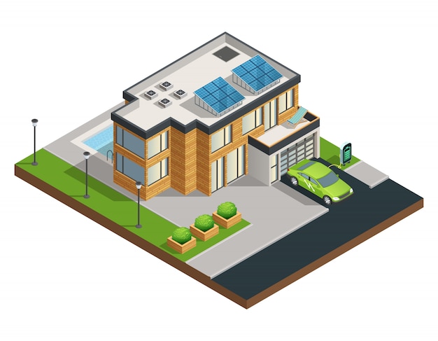 Free vector big modern green eco house with solar panels on roof beautiful tidy yard garage and swimming pool is