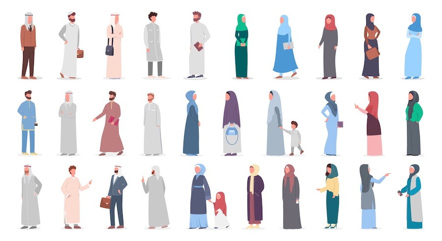  Big muslim people set. arabian woman and man collection in different suit and traditional clothes. 