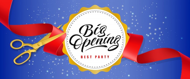 Free vector big opening, best party blue sparkling banner with text on white circle and gold scissors