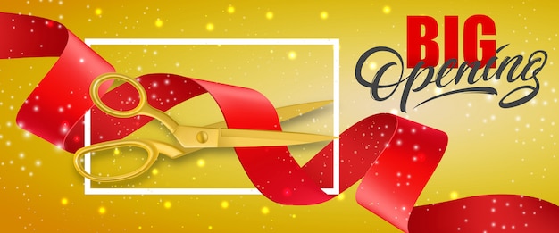 Big opening glittering banner with frame and gold scissors cutting red ribbon