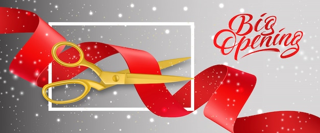 Free vector big opening sparkling banner with gold scissors cutting red ribbon in frame