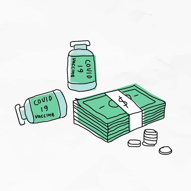 Illustrazione del doodle del vettore del vaccino big pharma covid 19