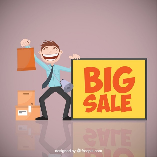 Big sale banner and a man