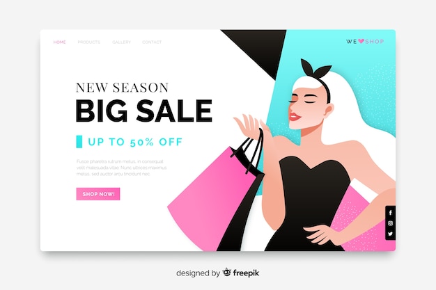 Free vector big sale landing page with woman and bags