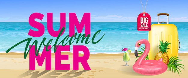 Big sale, welcome summer banner. cold drink, pineapple, toy flamingo, yellow travel case