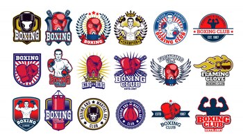 Free vector big set boxing badges, stickers isolated on white.