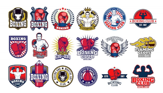 Big set boxing badges, stickers isolated on white.