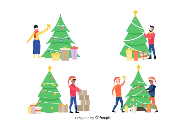 Big set of cute cartoon people decorating the christmas tree