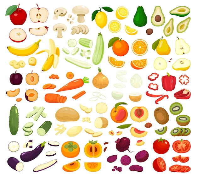 Big set of flat whole and sliced fresh fruits and vegetables with carrot tomato lemon avocado apple banana peach isolated vector illustration
