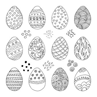 Большой набор рисованной пасхальные яйца с художественным оформлением. каракули векторные иллюстрации в милом стиле zenart. элемент для поздравительных открыток, плакатов, наклеек и сезонного дизайна. изолированные на белом фоне