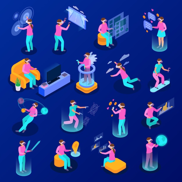 Free vector big set of isometric icons with people using various augmented reality devices isolated on blue background 3d  illustration