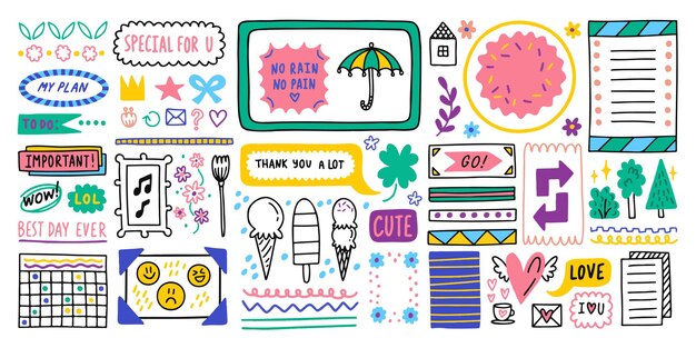 Big set journal icons border elements note icon sticker for school vector illustration