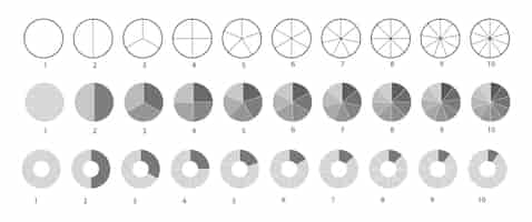 無料ベクター 白い背景で隔離のホイール図の大きなセット。セグメント化された円が設定されます。さまざまな数のセクターが円を均等に分割します。黒の細いアウトライングラフィック。