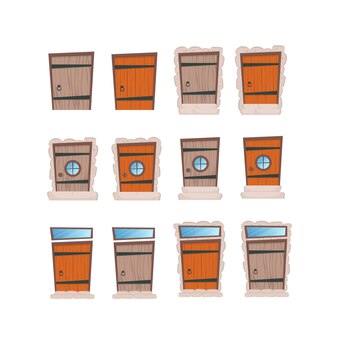 Большой набор деревянных дверей в мультяшном стиле. элементы для дизайна игр или домов. изолировано. векторная иллюстрация.