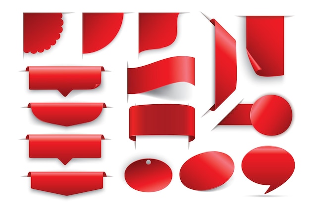 Большой набор векторных красного цвета речевых пузырей в форме баннеров, ценников, наклеек, плакатов, значков