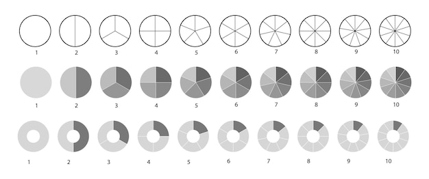 Большой набор диаграмм колес, изолированные на белом фоне. Набор сегментированных кругов. Различное количество секторов делит круг на равные части. Черная тонкая контурная графика.