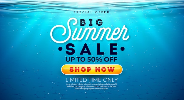 Big Summer Sale Design with Holiday Letter and Sunrise on Underwater Blue Ocean Background