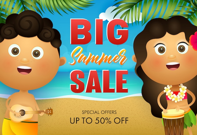 Big summer sale flyer design. Hawaiian boy and girl playing drum