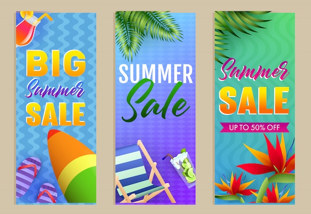 Набор надписей big summer sale, шезлонг и доска для серфинга