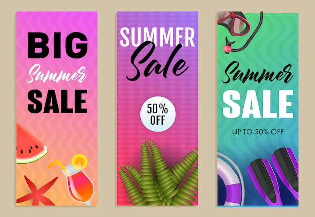 Бесплатное векторное изображение Набор надписей big summer sale, ласты, арбуз и трубка