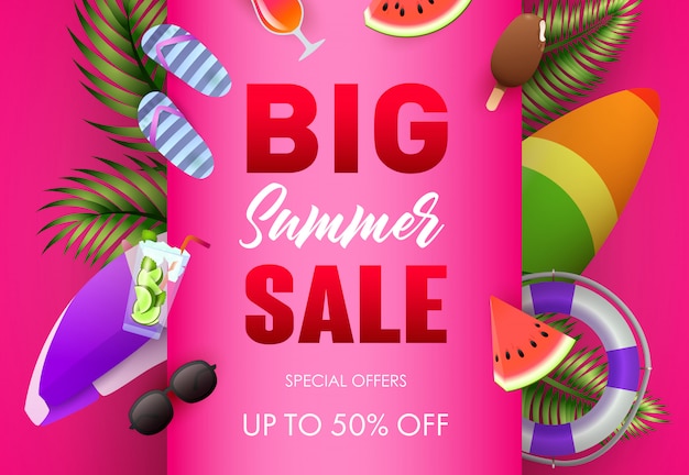 Free vector big summer sale poster design. palm leaves, ice cream