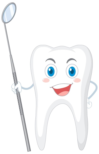 Vettore gratuito un grande dente che tiene uno specchio dentale su sfondo bianco