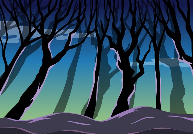 Big tree on dark forest background scene