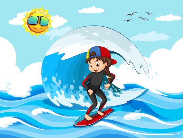 Free vector big wave in the ocean scene with girl standing on a surf board