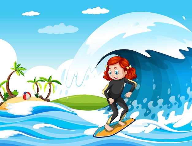 Большая волна в океанской сцене с девушкой, стоящей на доске для серфинга