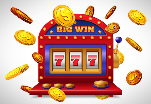 Big win lettering, lucky seven slot machine and flying golden coins.