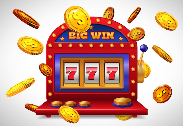 大きな勝利のレタリング、幸運な7つのスロットマシンと飛ぶ金貨。