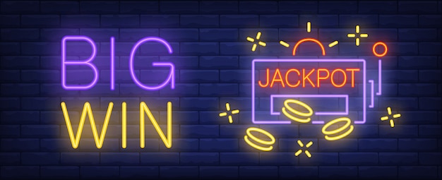 Big win neon sign. jackpot inscription and slot machine on brick wall background.