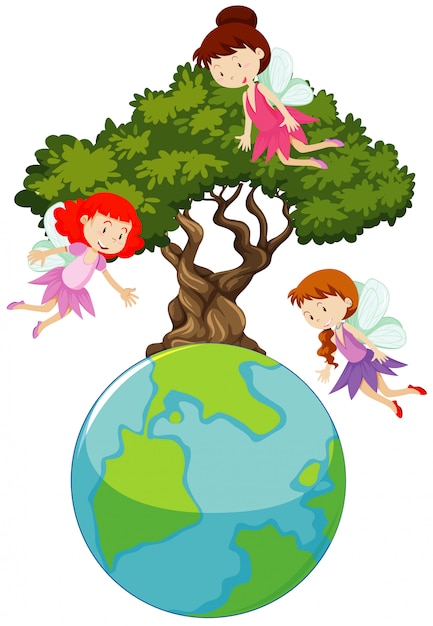 Free vector big world and three fairies flying around the big tree