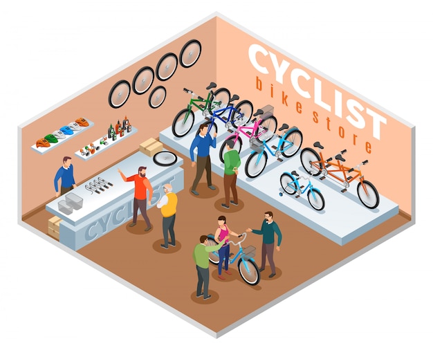 Free vector bike store isometric composition with buyers  and dealer consultant offering bicycle models vector illustration