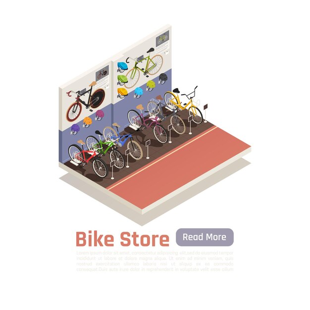 壁に自転車の値札と情報ポスターのさまざまなモデルを持つ自転車店の等角投影図