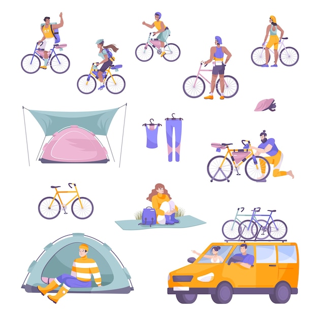 Set di icone piatte per il turismo in bicicletta con tende da campeggio per motociclisti, autobus o minivan e illustrazione vettoriale delle attrezzature