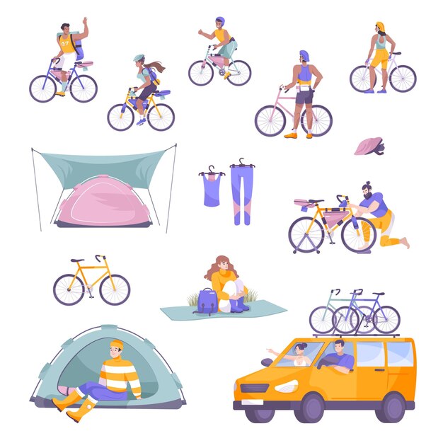 Набор иконок для велосипедного туризма с байкерскими кемпингами, палатками, автобусом или минивэном и векторной иллюстрацией оборудования