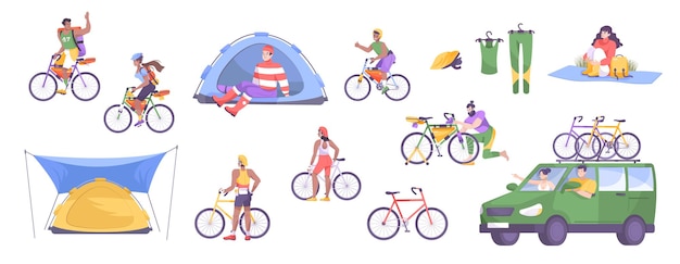 Велосипедный туризм плоский набор иконок с велосипедистами разного пола и возраста оборудование палатки и автомобили векторные иллюстрации