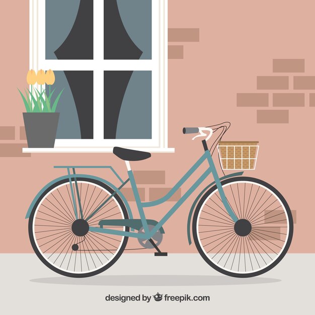 Bike with basket in front of cute house background