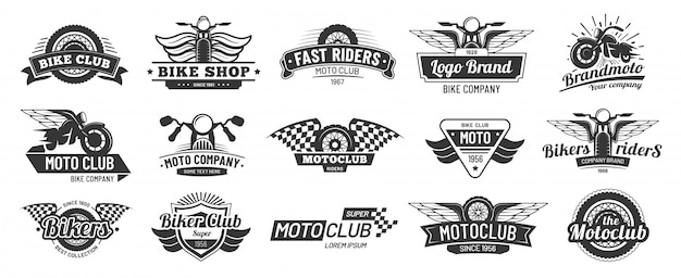 Biker club emblems. retro motorcycle rider badges, moto sports emblem and motorbike silhouette badge vector set