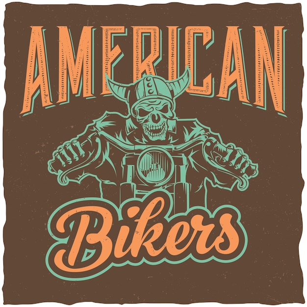 Free vector biker label design with illustration of skeleton riding on motorbike