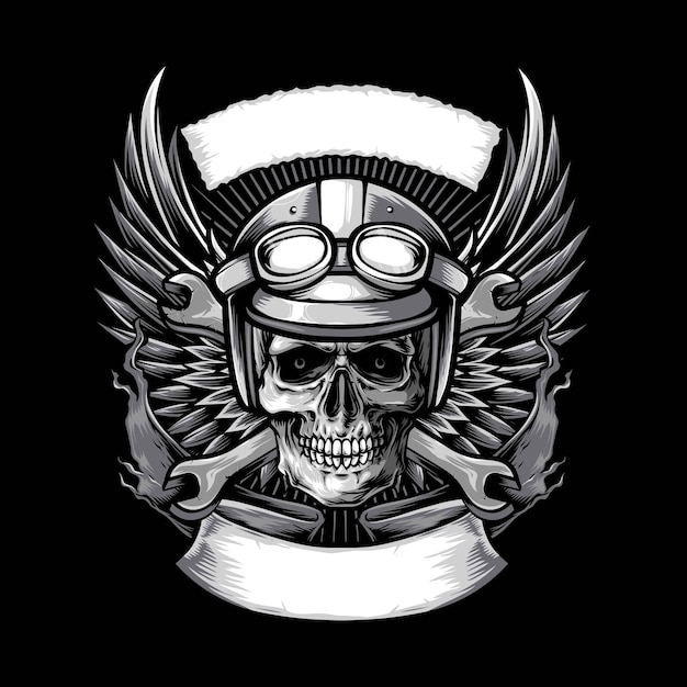 Vettore gratuito cranio motociclista con ali e banner illustrationjpg