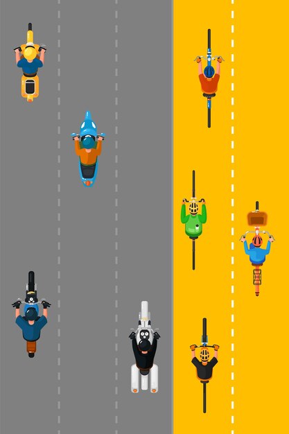 自転車とスクーターの平面図です 漫画のバイク オートバイ サイクルビュー上から 人々は自転車やモーターバイクのイラストに乗る プレミアムベクター