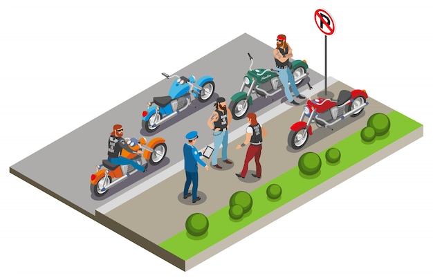 Composizione di motociclisti con immagini di motocicli e personaggi umani in uno scenario di marciapiede strada con poliziotto