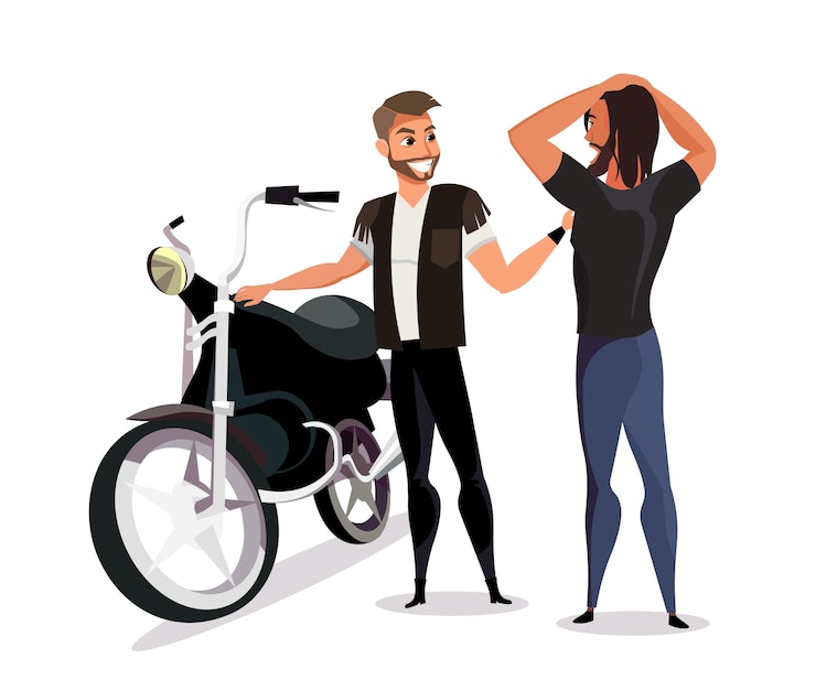 मुफ़्त वेक्टर bikers conversation brutal motorcyclists standing together cool moto club members cheerful men talking