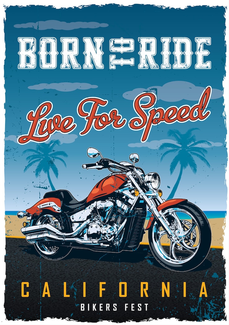 Free Vector bikers fest poster with motorcycle on the road with beach 