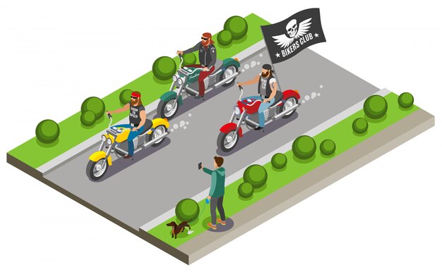 Байкеры с видом на уличную автомагистраль и три мотоцикла с потоковым флагом банды